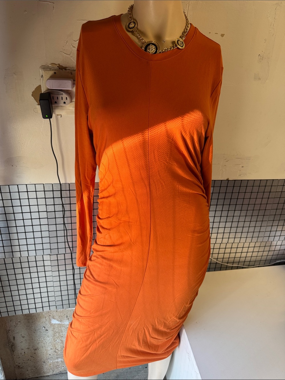 Slim Long-Sleeve Orange Midi Dress